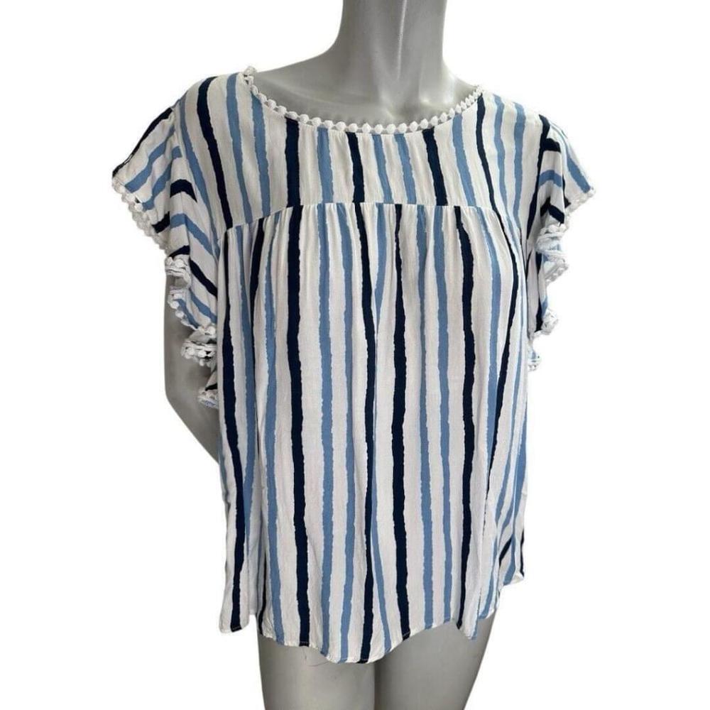 Andree By Unit Blue White Stripe Short Flutter Sleeve Blouse Lace Trim Size 1X